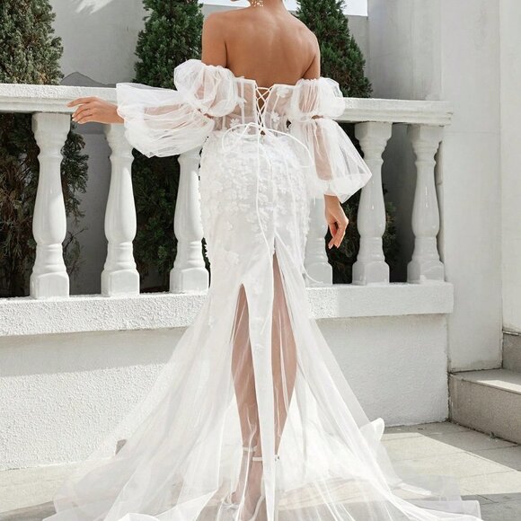 White Preppy Womens One Shoulder Back Tie Dress w/ Floral Fabric And Mesh Skirt - Picture 2 of 5